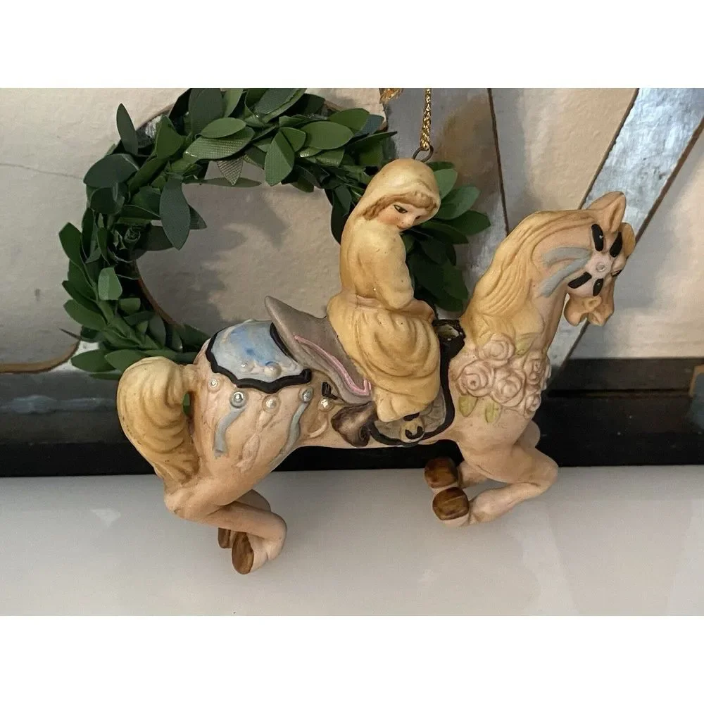 Vtg Willitts Design Hand Painted Ceramic‎ Carousel Horse Ornament Lady On Pony